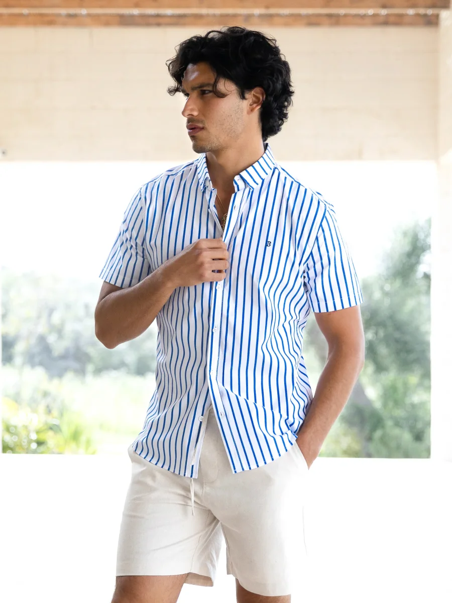 Elias Short Sleeve Stripe Shirt – White & Blue