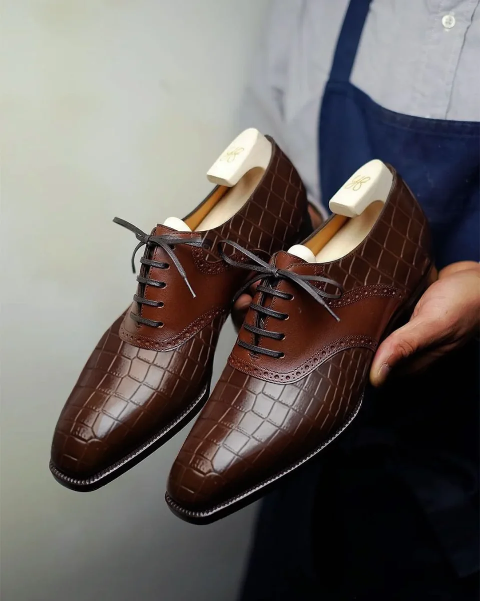 Brown Croc Print Leather Elowen Brogue Oxfords - Formal Shoes - SS23