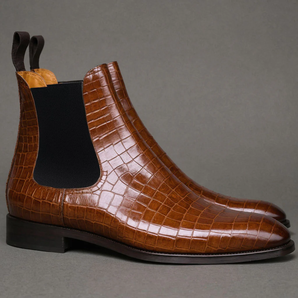 Flat Feet Shoes – Brown Croc Print Leather Fenland Slip On Chelsea Boots with Arch Support